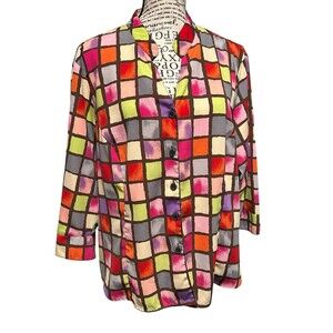 Kathy‎ Che Colorblock Bright Colorful Squares Short Sleeve Button Blouse Wm's 18